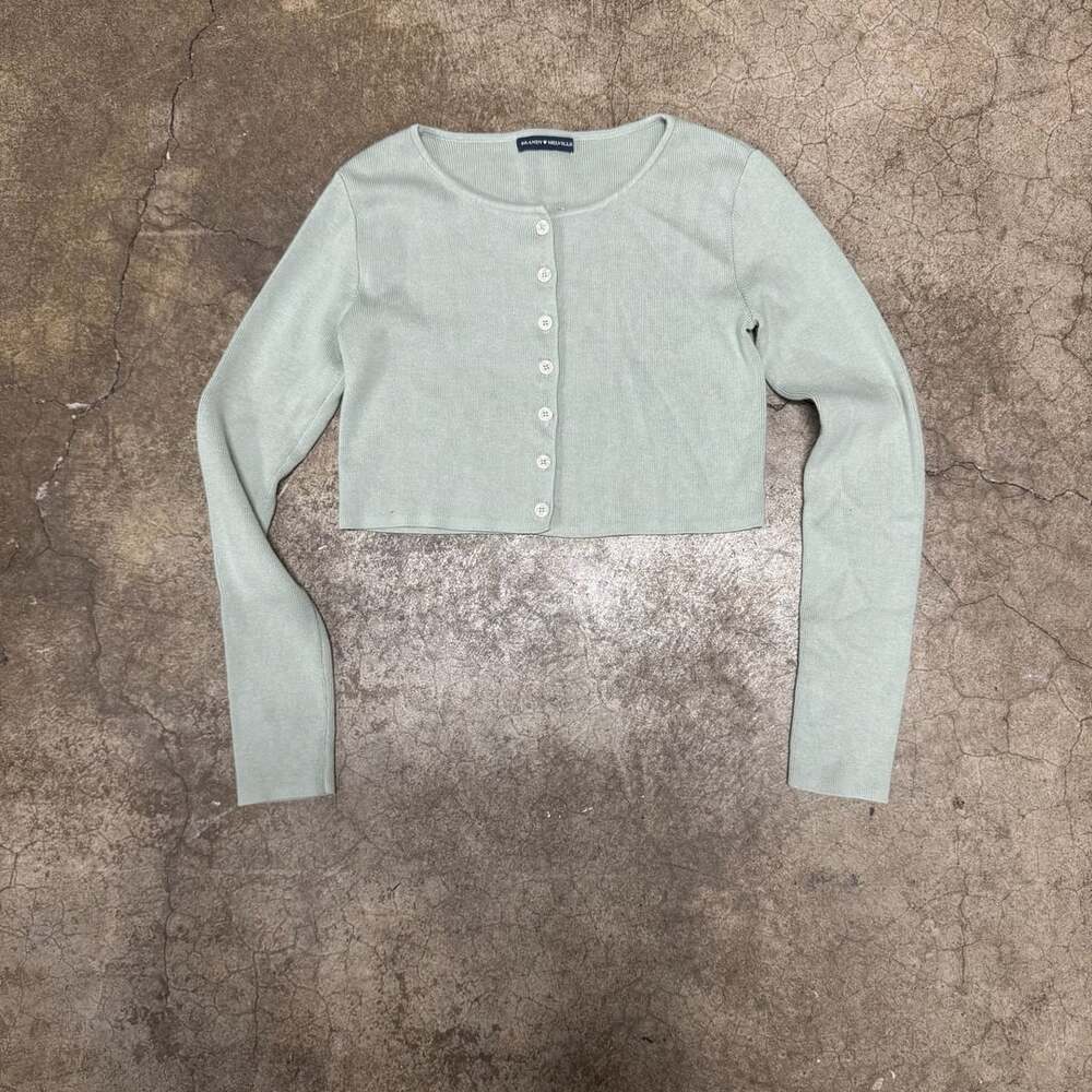 Brandy Melville John Galt Cardigan Sweater 160/84A Sage Green Ribbed Crop